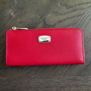 Michael Kors Jet Set Travel Large Saffiano Leather Three Quarter Zip Wallet Red